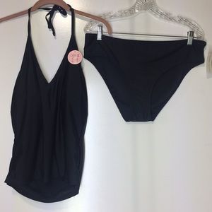 NWT Solid Black Vneck Tie Tankini Swimsuit Set